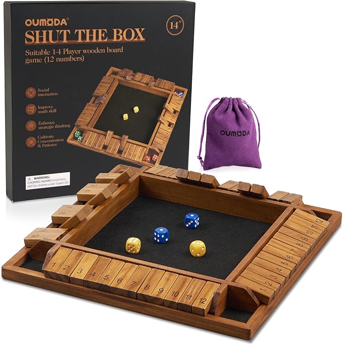 14 inches 1-4 Players Shut The Box Dice Game Upgraded 12 Numbers Wooden Board Table Math Game with 12 Dice Close The Box for Adult Kids Family Classroom Home or Bar