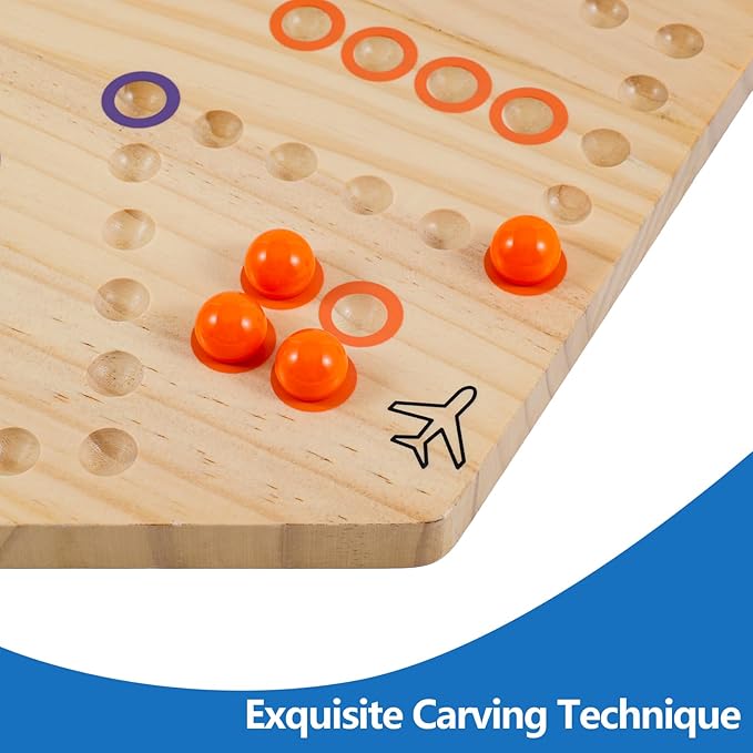 Large Size 20 inches Wood Wahoo Marble Board Game 2 Sided Game 4-6 Player for Friends and Family Party Classic Wahoo Style Strategy Racing Game with 6 Dices30 Marbles (Log)