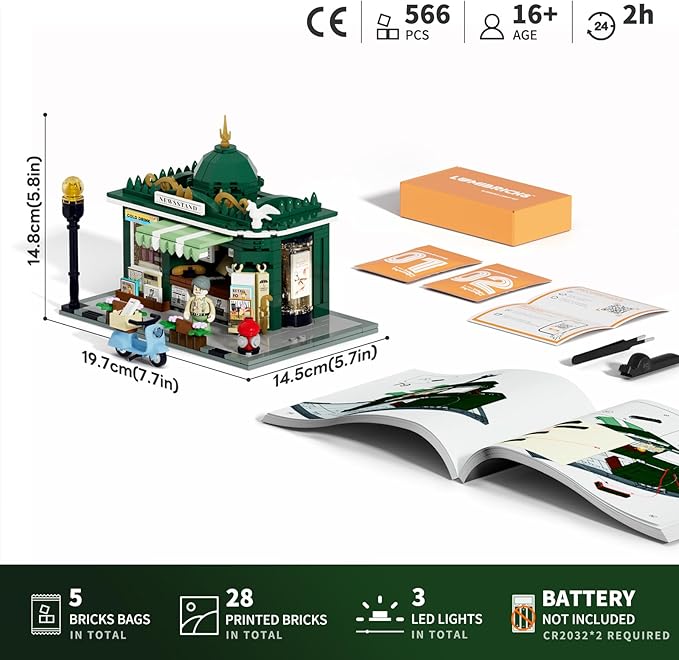 Newsstand Lighting Building Bricks Set - City Town Life Newsstand LED Light Construction Building Model Set 556 Pcs for Adults and Teen