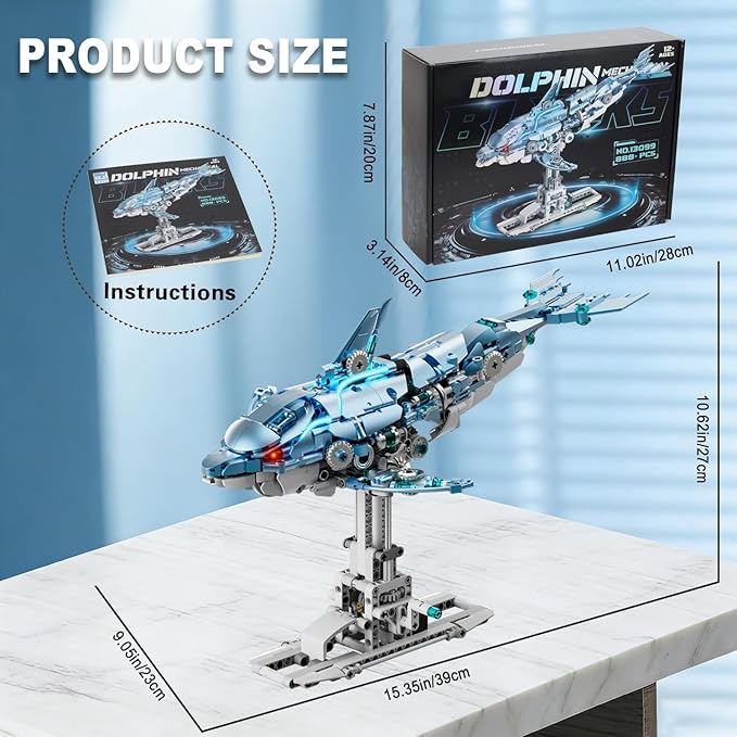 Mechanical Blue Dolphin Building Blocks Linkage Kit Sea Animal Model with Lighting Display Stand STEM Power Toy DIY Desktop Ornament for Kids &amp Adults Ages 12+ Birthday Gift Idea 888pcs