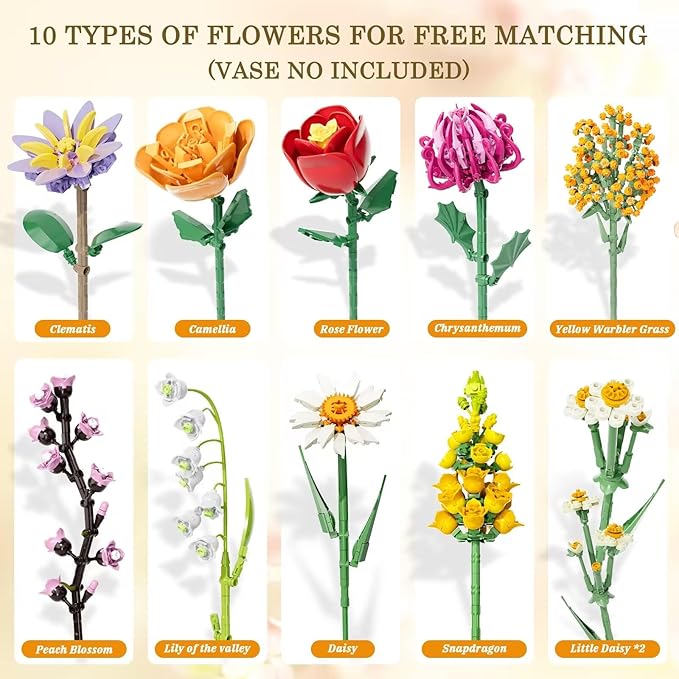 Flowers Bouquet Building Set 1070PCS Wildflower Botanical Collection Artificial Plant Flower Kit Toy for Adults Kids Women Her Home Decor Gift for Birthday Christmas Valentines(No Vase)
