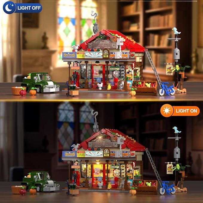 Country General Store Building Set for Adults with Lights 1709 PCS Vintage Shop House Construction Building Block Kit Home Decor Cabin Architecture Model for Women Men Teens Boys Girls 12+