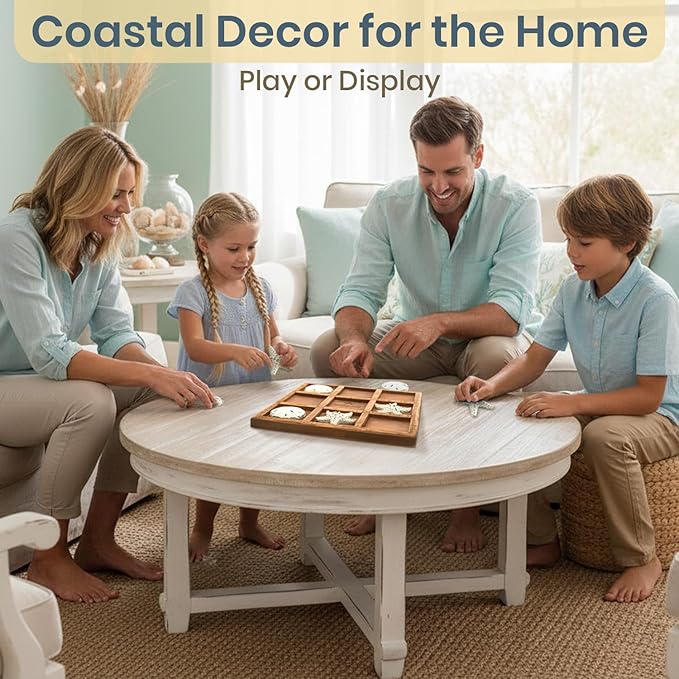 Starfish Tic Tac Toe Game - 9 x 9 - Beach Tic Tac Toe Game - Coastal Beach House Coffee Table Game Board - Tic Tac Toe Decor - Beach House Games - White Starfish &amp Sand Dollars