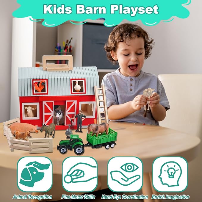 Wooden Barn Toys Play Barn with 12 Animal Play Figures for 3+ Years Old Toy Barn and Farm AnimalsWooden Barn Playset for Christmas Birthday Gift for Boys Girls