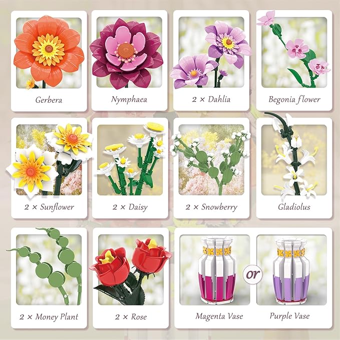 2 in 1 Vase Flowers Bouquet Building Set 16 Flowers Bouquet Sets for Adults &amp Women Compatible with Lego Flowers Bouquet Valentine's Day Gift for Her Girlfriend Wife 1278 PCS