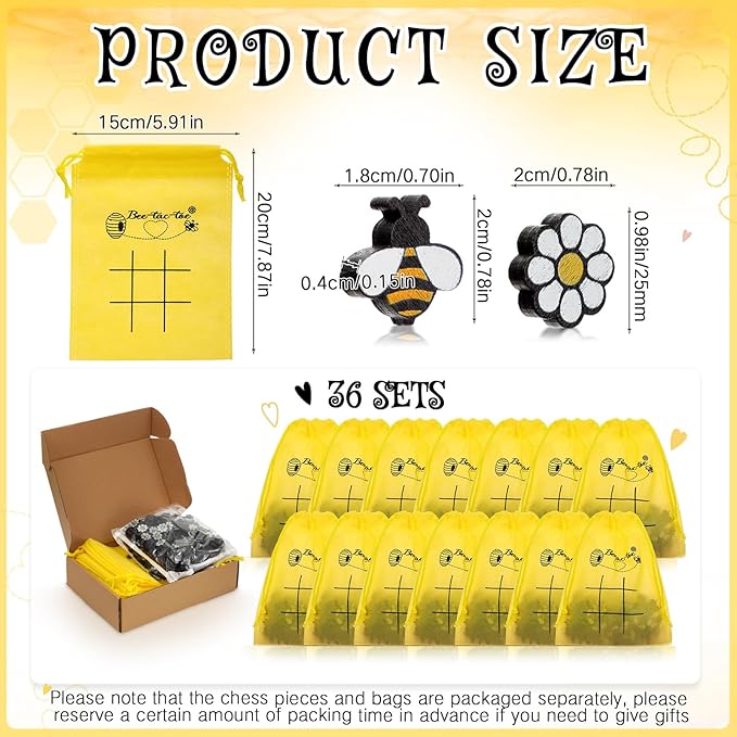 Sumind 36 Sets Bee Tic Tac Toe Game Bee Party Favors for Kid Mini Flowers Honeybee Drawstring Gift Bags for Boys Girls Back to School Birthday Baby Shower Classroom Party Supplies