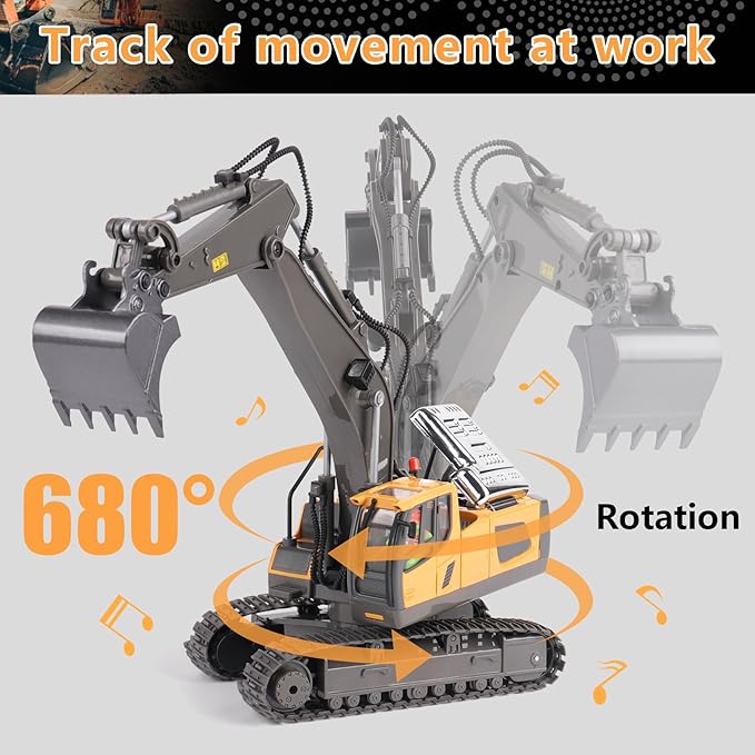 PREPOP Remote Control Excavator Toy for 6-12 yr Boys Best Birthday Gifts for Kids 4-7 8 9 10 11 Year Old RC Construction Toys with Metal Shovel Lights Sounds 2.4Ghz