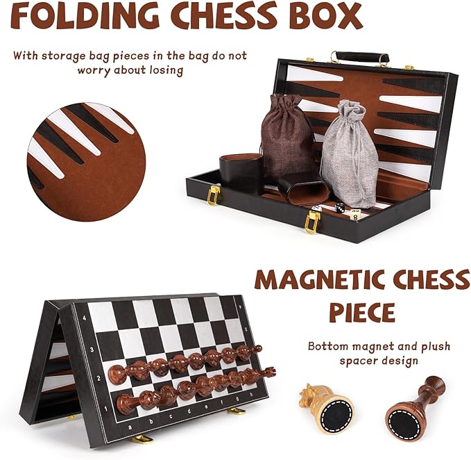 3 in 1 Magnetic Chess Set &amp Checkers Backgammon Board Game Set 15 Wooden Folding Chess Board Tournament Portable Travel Chess Set Beginner Chess Board Game for Adults &amp Kids