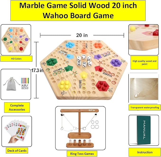 Wooden Wahoo Marble Board Game (20 INCH) Double-Sided for 2-6 Players with 24 Marbles and 6 dice. Also Includes Ring Toss Wooden Hook and Ring Gameand Premium Playing Cards.