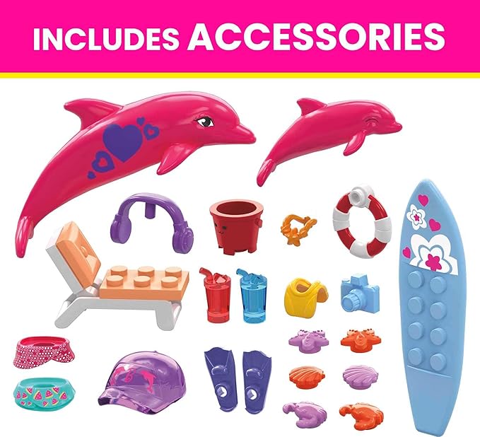 MEGA Barbie Color Reveal Dolphin Exploration Toy Building Set with 10+ Surprises 2 Micro-Dolls and 2 Dolphins Toy Gift Set for Girls and Boys Ages 5 and up