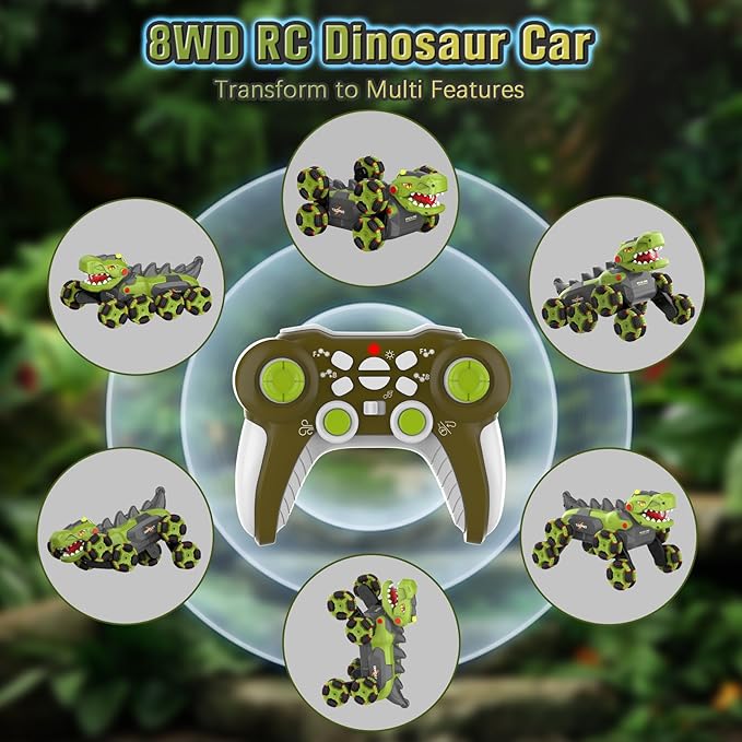 8 Wheels Dinosaur Transform RC Stunt Car - 2.4Ghz Remote Control Dinosaurs Monster Truck with Transforming &amp Spray &amp 360° Rotation Dinosaur Toys for Kids 5-7 8-12 Boy Christmas Birthday Gift