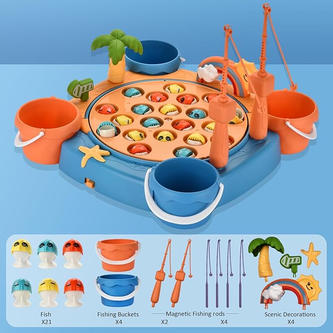 Magnetic Fishing Game Set - 21 Fish and 6 Poles Rotating Toddler Board Games with Music Switch Fine Motor Skills Fishing Toys for Kids and Toddlers 3 4 5 6 7 8 and Up
