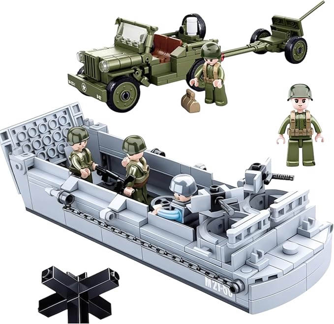 General Jim's WW2 Landing Craft Higgins Boat Building Blocks Set – 325 Pieces with Military Jeep &amp Rotating Figures – Compatible with All Major Brick Brands – Historical WW2 Model Set