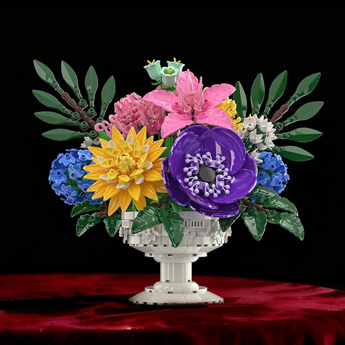 Botanicals Flower Bouquet Building Set - Includes Hydrangeas Snapdragons Peonies &amp More Artificial Flower Arrangement Toy with Vase Mother‘s Day Gift for Girls (1081PCS)