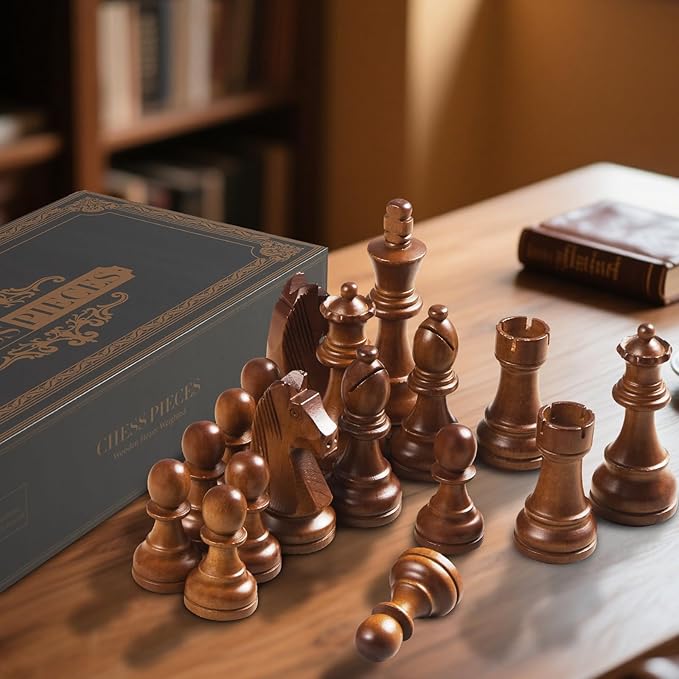 Wooden Chess Pieces Only-Heavy Weighted Tournament Chessmen with 2 Extra Queens-King Height 3.8 inch-Replacement of Missing Pieces-Exquisite Packaging