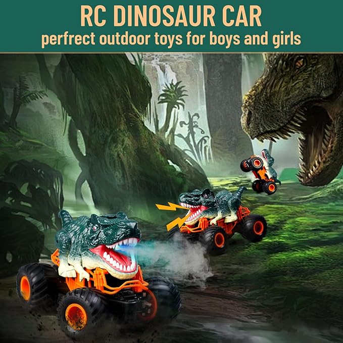 Dinosaur Monster Truck Toys - Remote Control Dinosaur Car 2.4Ghz RC Truck with Lights Music &amp Spray - Electric Hobby RC Cars for Toddlers - Birthday Gift for Kids Boys Girls Ages 3-8 (Green)