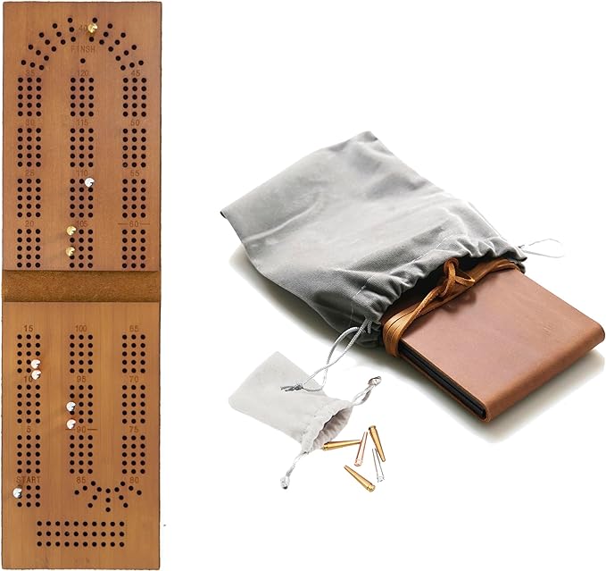 Jeereal Travel Cribbage Board Game Leather &amp Solid Bambo-Wood Pocket Sized Tiny Card Game Board (Bamboo|3 Tracks)