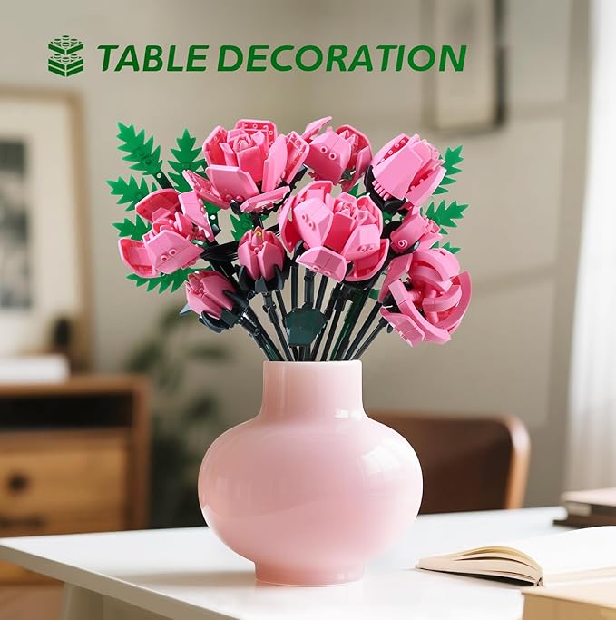 Pink Rose Flower Building Set-10pcs Roses &amp 2pcs Leaves Botanical Collection Artificial Flowers for Home Décor Rose Bouquet Building Kit for Valentine’s Day Christmas Birthday Anniversary (No Va