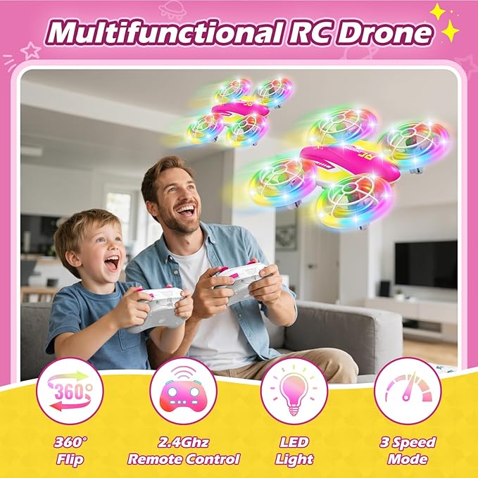 LED RC Drone for Kids 6+ Christmas Birthday Gift for Boys &amp Girls with Remote Batteries 360° Flip High Speed Mode 45 Min Flight Indoor and Outdoor Flying Toy - RoseRed Yellow