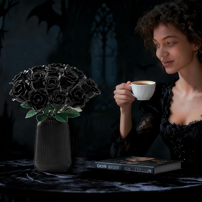 Black Rose Bouquet Building Set Rotatable Control for Flowering Flowers Botanical Christmas Valentine's Day Gifts for Adults - Gothic Home Office Table Bookshelf Decor
