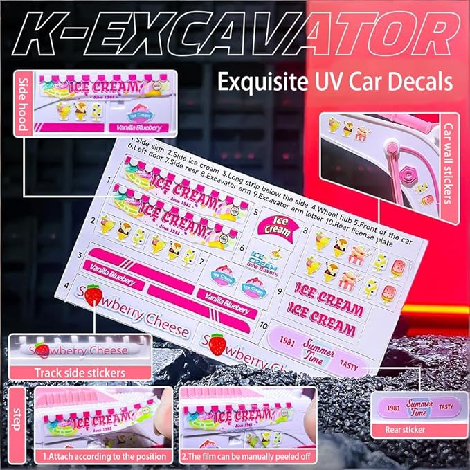 Pink RC Excavator 6 Channel 2.4Ghz RC Construction Vehicle1:24 Scale Pink Excavator Toy with 360° Rotation Light Sound and DIY Stickers Birthday Gift for Teens Adults (2 Battery)