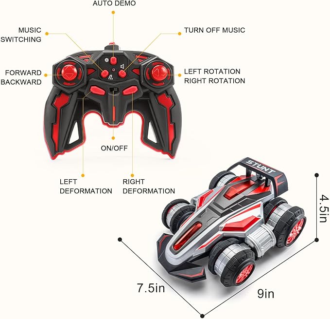 RC Cars 2.4 GHz Fast Stunt RC Car 4WD 360° Rotating RC Trucks with lights and music High Speed Off Road Stunt Truck upright walking cars Remote Control Car Toy for 6-12 Boys and Girls(RED)