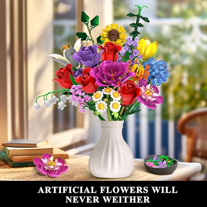 Flower Bouquet Building Set Easter 18 Flowers Rose Building Block Botanical Collection Building Block Toy Plant Home Decor 1015 PCS Gift for Her Adults Women Kids Boys Girls 12+