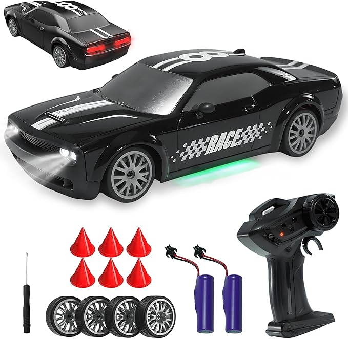 SANCO 1:20 RC Drift Car - 2.4G Drifting Car with Dual Tire System &amp LED Lights 20+KM/H 50-Minute Playtime Racing Toy Remote Control for Adults Boys Girls 2pcs Rechargeable Batteries （Black）