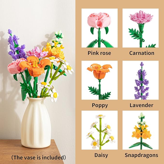 Flower Bouquet Building Blocks Set - Artificial Flowers with Roses for Home Decor Unique Gift for Her or Him for Mother's Day Birthday Gift DIY Mini Micro Bricks Kits with Vase