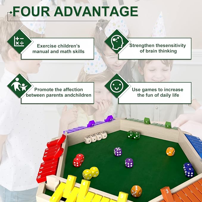 1-6 Players Shut The Box Dice Game Wooden Board Table Math Game with 16 Dice Classics Tabletop Version Games for Kids Adults FamilyClassroomHomeParty or Pub