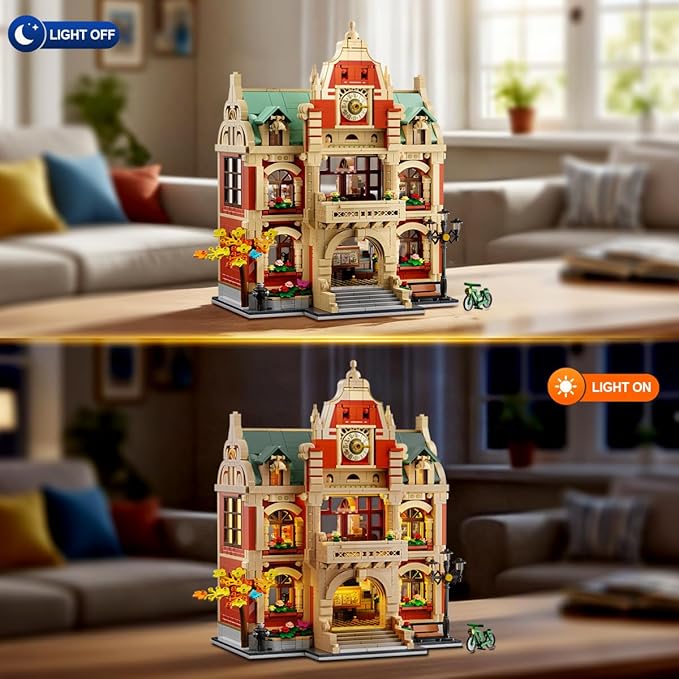 University Club House Building Set with Light1629PCS City Campus Architecture Model with Painting Drama Baking Music Club Home Decor Construction Building Block Gift for Adults Boys Girls 12+