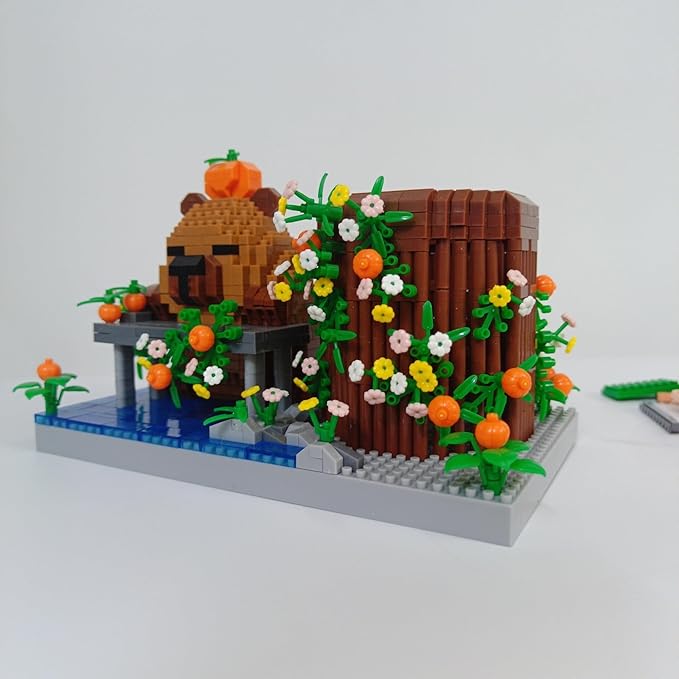 Reading Cute Capybara Desktop Decor - Micro Mini Building Block Toy Pen Holder Animal Style with Flower Perfect as a Gift Representing Love for Learning