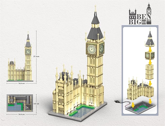 Big Ben Model Building Blocks with Simulation Clocks and Lights Famous Landmarks in London Toy Building Sets (815pcs)