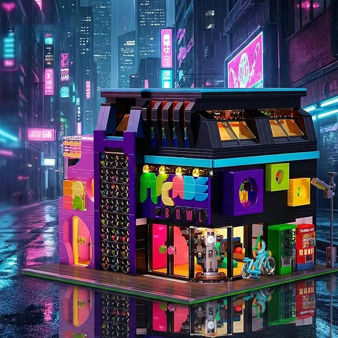 Arcade Modular Building Blocks Set with LED Lights Cyberpunk Retro Arcade Bowl Street View Bricks Collectible Construction Toy for Adults &amp Teens 14+Barweer004 (2600PCS)