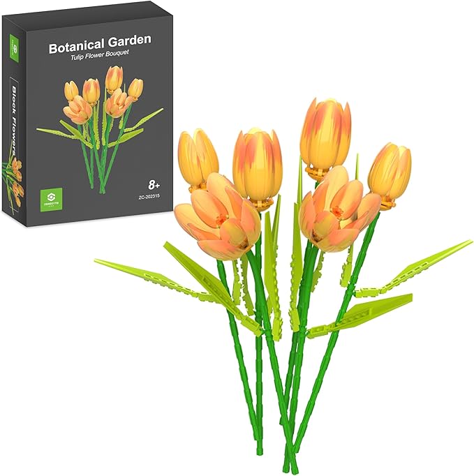 Flower Bouquet Building Toy Set Tulips Botanical Building Blocks for Adults Home Office Decor Orange Color