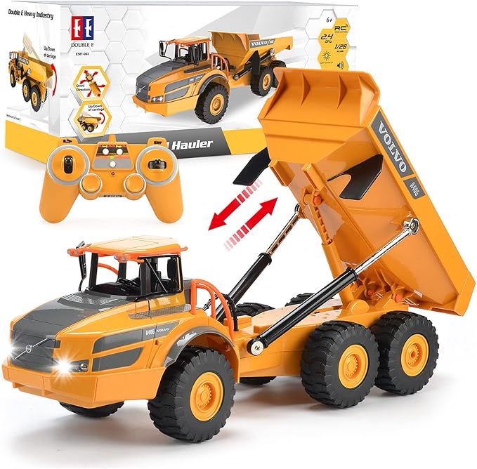 DOUBLE E Volvo RC Dump Truck Toy for Kids Articulated Hauler Remote Control Construction Toys Vehicles with Lights Birthday Gifts Ideas for Boys Age 6 7 8 9 10 Year Old and up