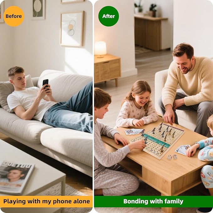 Horse Race Board Game – Thickened Wooden Chessboard with 11 Metal Horses 2 Dice &amp 2 Card Decks Family-Friendly Horse Racing Game for Kids Adults Friends &amp Strategy Game Nights