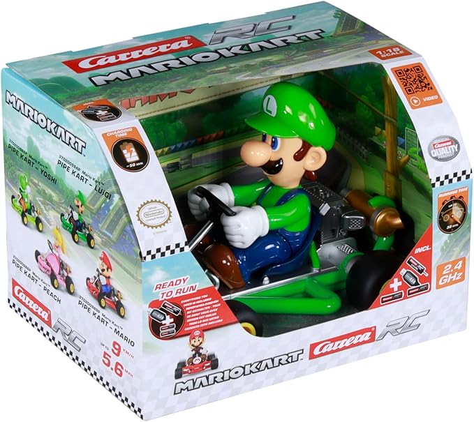 Carrera 200984P RC Official Licensed Mario Kart Pipe Kart Luigi 1:18 Scale 2.4 Ghz Remote Radio Control Car with Rechargeable LiFePO4 Battery - Kids Toys Boys/Girls