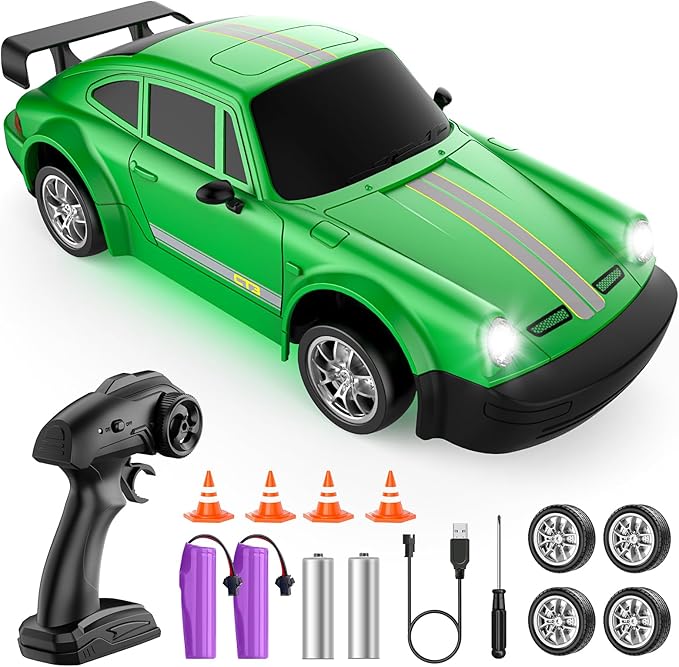 RC Drift Car 1:24 Scale Remote Control Car with LED Lights 20KM/H 4WD High Speed RC Cars Racing and Drifting Dual-Mode Toy Car Idea Gift for Adults and Kids Green