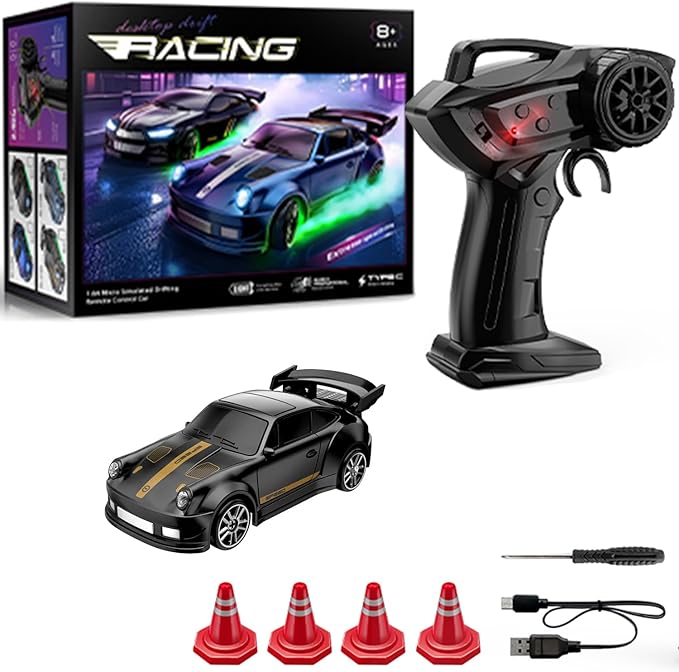 1:64 Scale Mini RC Drift Car with Gyro Full Proportional RTR 2.4Ghz Remote Control with RGB Lights (05-Black)