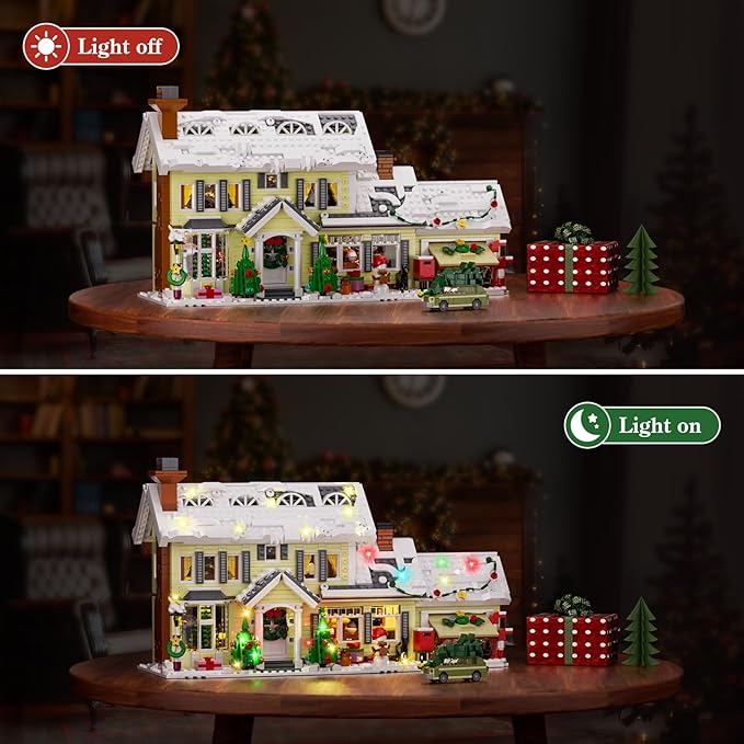 Christmas Holiday House Building Set DIY Christmas Holiday Snow Village with Clark's Car Christmas House Compatible with Lego Gifts for Boys Girls Family and Friends (1484pcs)