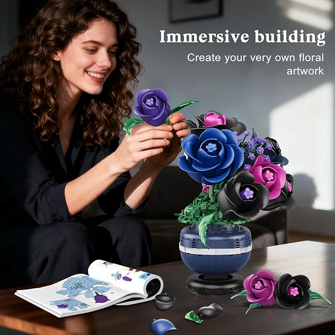 Flowers Botanicals Building Set - Artificial Purple Black Rose Bonsai Plant for Home Decor 507PCS Artificial Flowers Building Set Indoor Gothic Decoration Easter Birthday Gifts for Adults