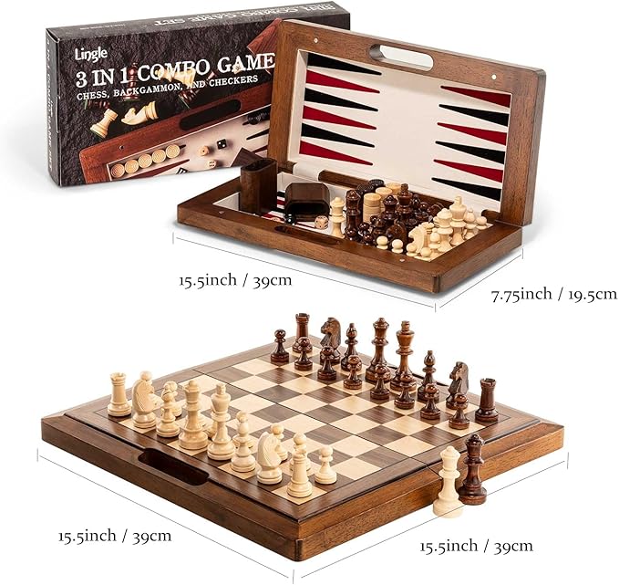 15.5'' Deluxe Solid Wood 3-in-1 Chess Set: Portable Chess Backgammon and Checkers with Hollow Handle Box Folding Board for Travel Suitable for Adults