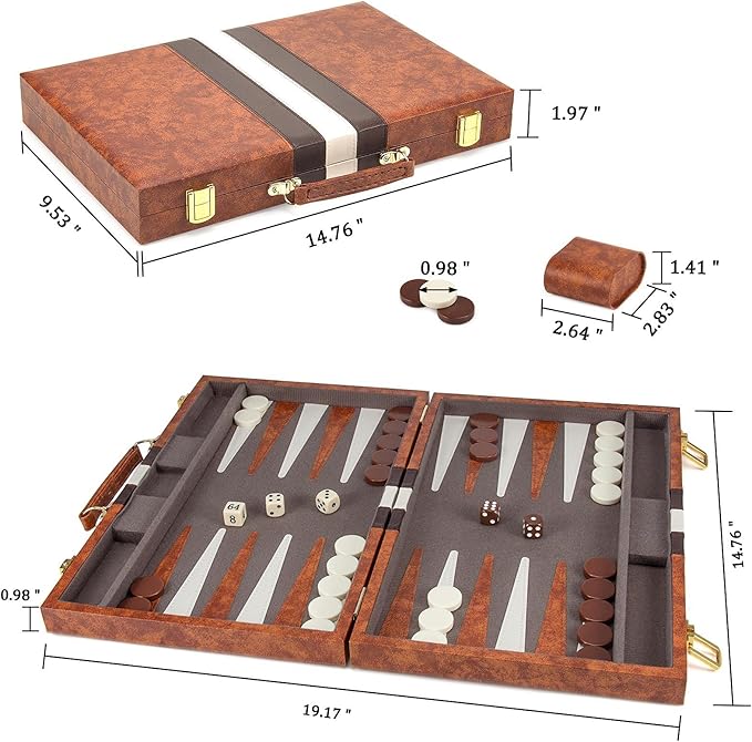 AMEROUS Backgammon Set 15 Inches Classic Board Game with Leather Case Folding Board Gift Package Portable Travel Strategy Backgammon Game Set for Adults Kids (Medium Brown)