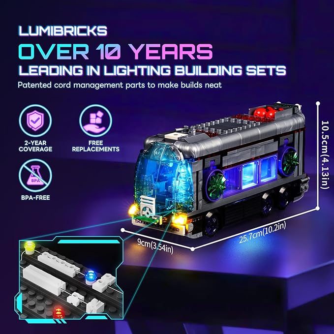 Cyberpunk Future-Bus Lighting-Building-Bricks Set - Cyberpunk City Future Vehicle Collection LED Light 2in1 Car Model Display Set 605 Pcs for Adults and Sci-fi Lovers