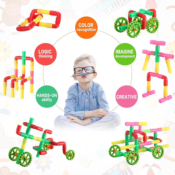 Libima 300 Pcs Tubular Pipes Building Blocks for Kids Over 6 Years Old Stem Building Toy Colorful Tube Pipe Toy Construction Set for Toddlers Educational Preschool Learning