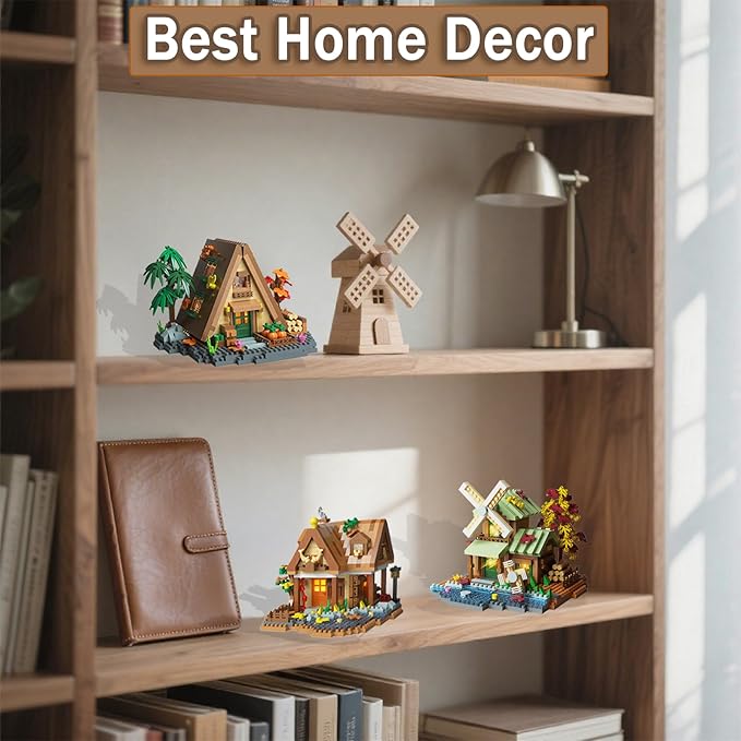 3 Mini Wooden Cabins Micro Building Blocks Toy Set A-Frame House-Mountain Treehouse-Windfall Architecture Kit Compatible with Lego Natural Construction Collection Gift for Adult Teen(2000+PCS)