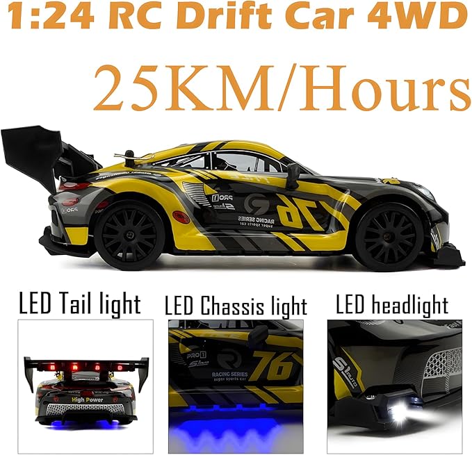1:24 RC Drift 2.4GHz with LED Light Race Car Toys for Boy Girl 8-12 Years Old Speed Adjustable 25Km/HHigh Speed RC Racing Cars Perfect Toy Gift for Boys &amp Girls (Yellow)