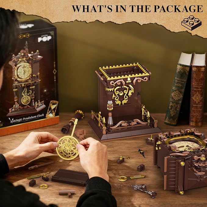 JAKI Vintage Swing Clock Building Blocks Set Real Working Mechanical Clock with Moving Pendulum &amp Rotating Dial Retro Steampunk Home Decor Gift for Adults &amp Teens Gifts for Birthdays and Chr