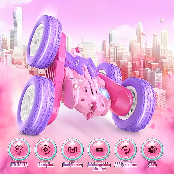 Remote Control Cars for Girls 2.4GHz RC Stunt Car with 360° Flips &amp Double Sided Driving Changeable Wheels LED Headlights Birthday Gift for 5-12 Year Old Girls (Pink)